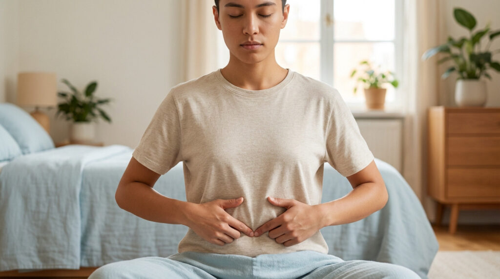 Gender-neutral individual in a light t-shirt gently applies acupressure to their lower abdomen with closed eyes, in a calm room.