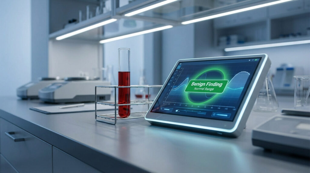 Photorealistic lab scene with a test tube and a digital screen showing 'Benign Finding' and 'Normal Range' in green.