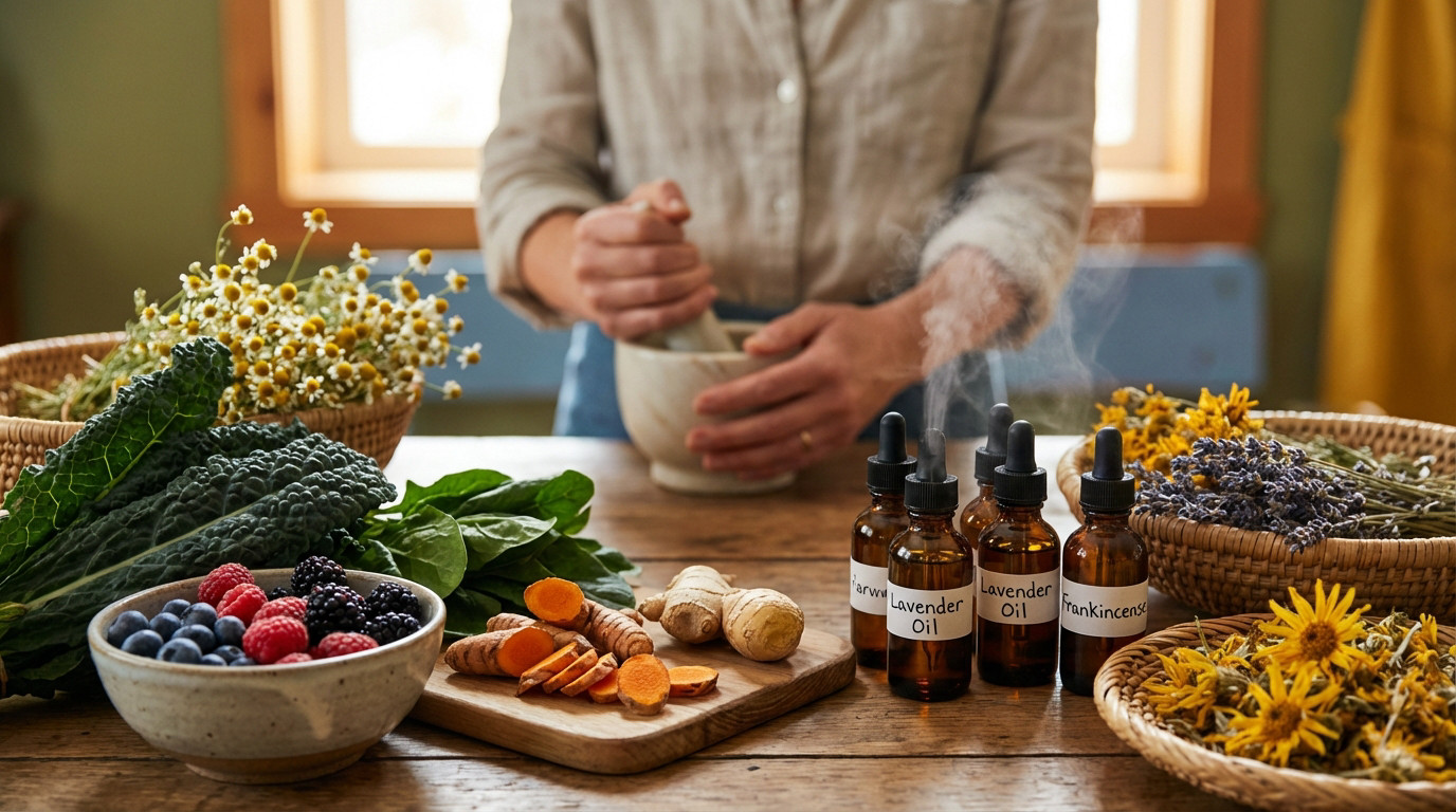 A serene scene of natural remedies: a person grinds herbs, surrounded by essential oils, berries, kale, turmeric, and dried flowers on a wooden table.