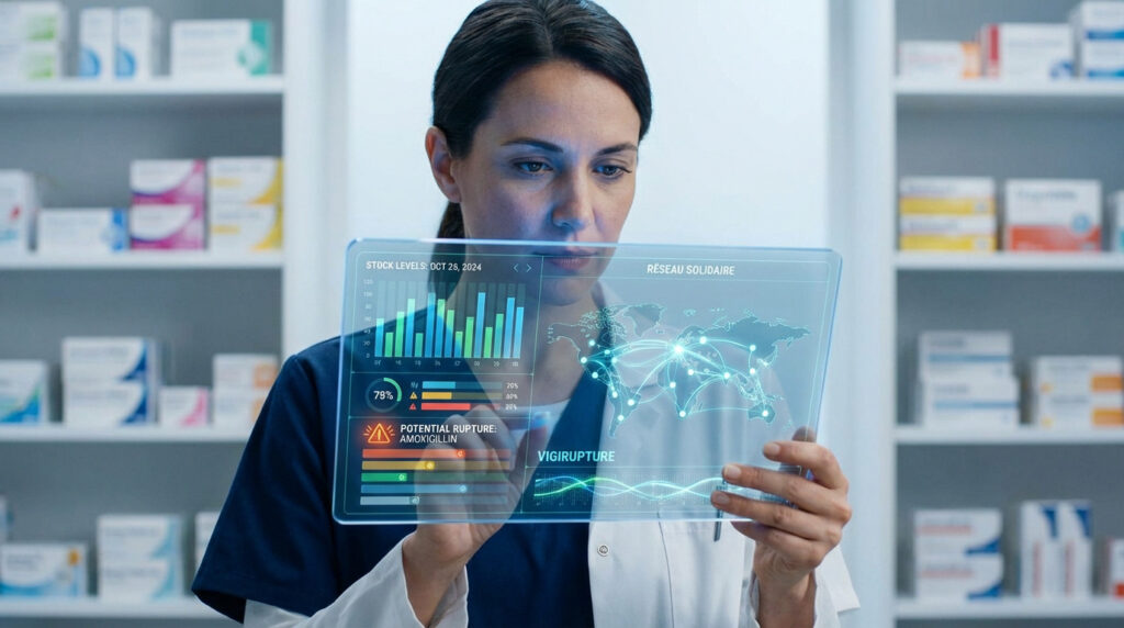 Healthcare professional monitors drug stock on a transparent digital tablet in a modern pharmacy, showing alerts and a network map.