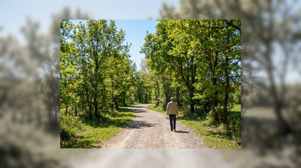 A person walks on a clear path through vibrant green trees under a blue sky, depicting diminished peripheral vision with a blurred, desaturated periphery.