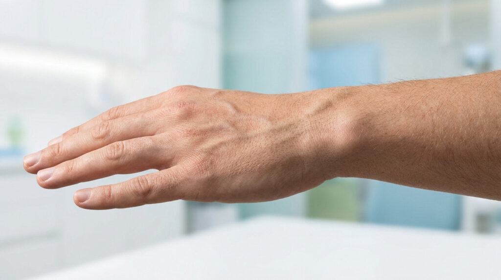 High-res photorealistic close-up of a generic right hand and wrist, dorsal and ulnar view, in a clean medical setting.
