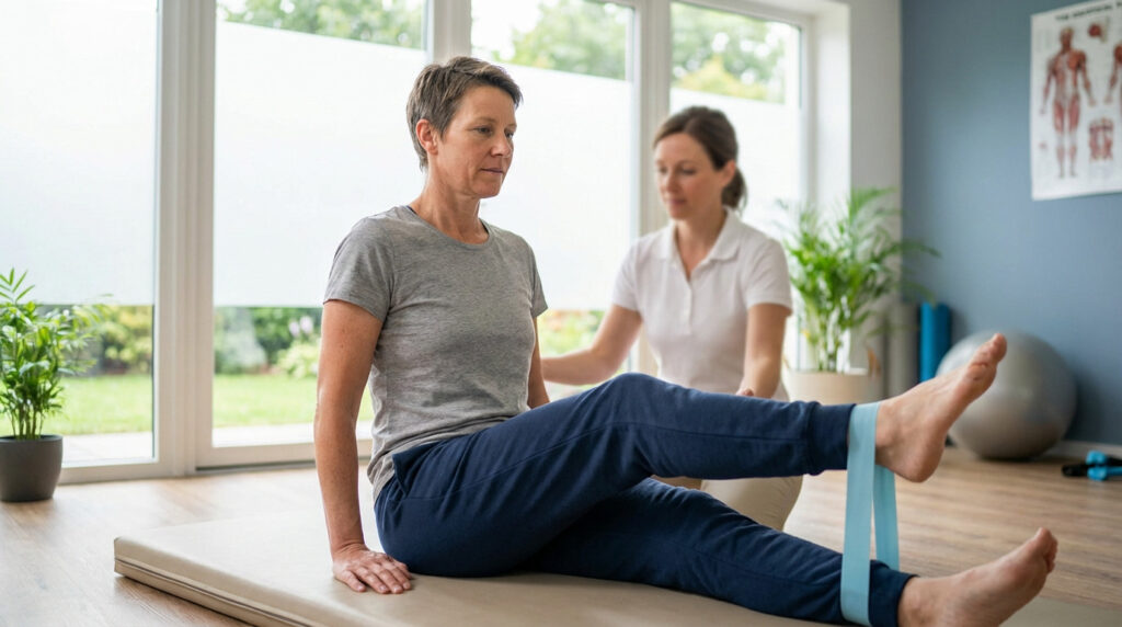 Mid-aged person doing leg exercise with resistance band, guided by therapist in a bright, modern PT clinic.