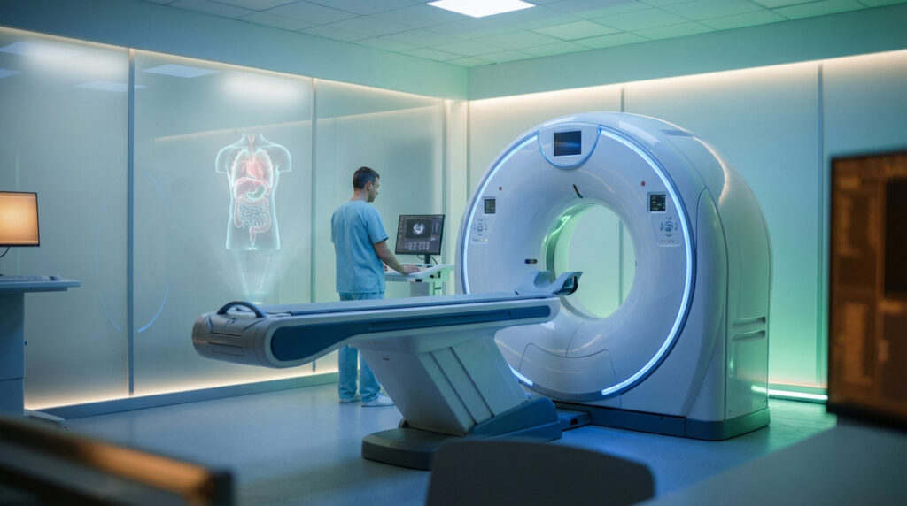A medical professional operates a modern CT scanner in a bright room, with a holographic 3D human torso projection on a wall.