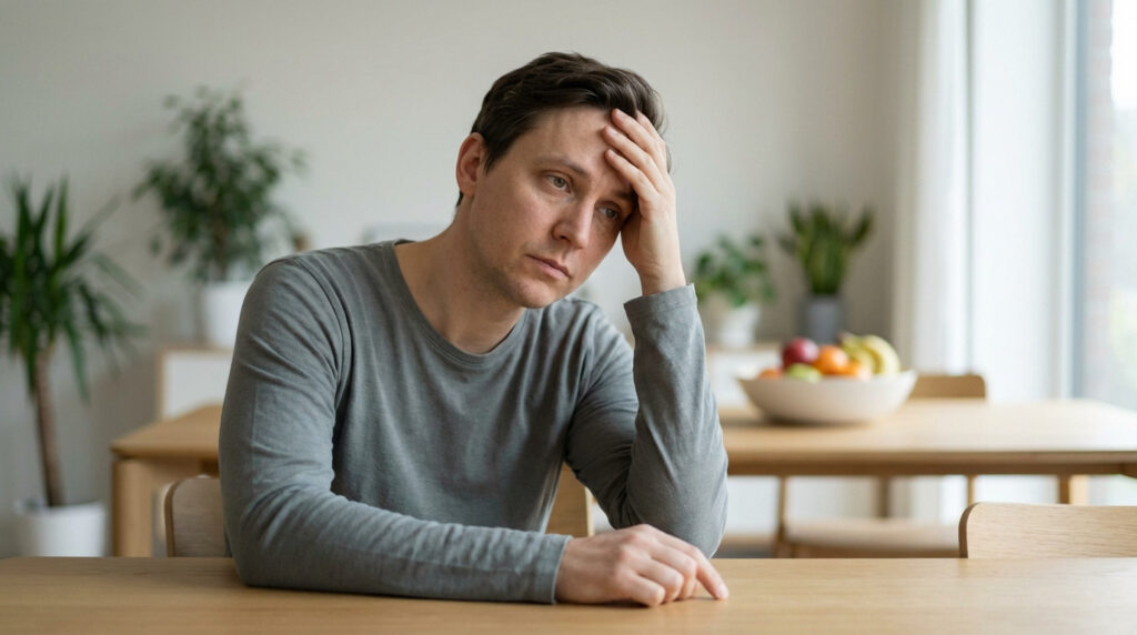 A man, late 30s-early 40s, pensive with hand on forehead, sits at a wooden table in a softly lit modern home. Blurred plants and fruit in background.