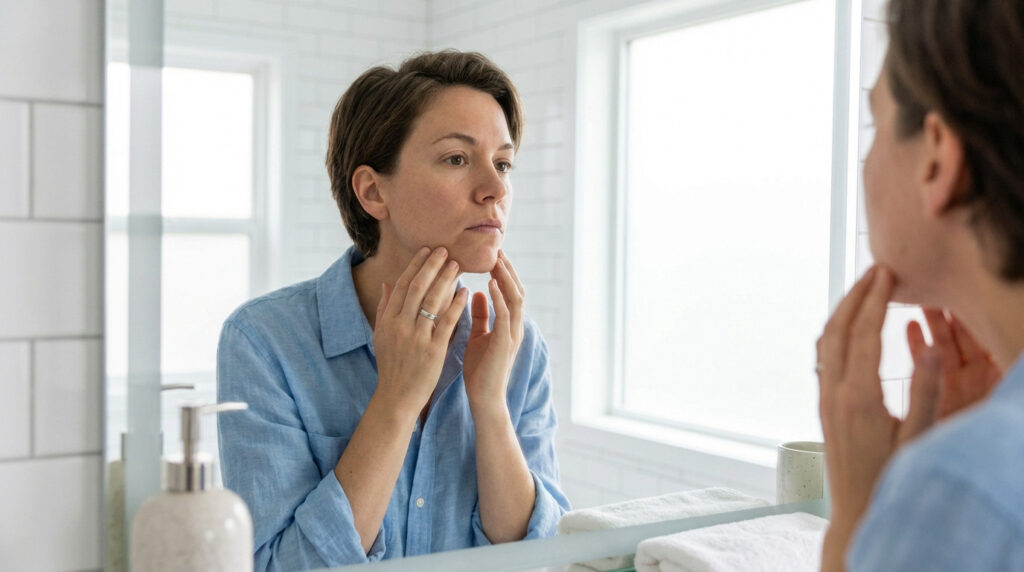A person in their 30s-40s gently self-examines their mouth area in a bright, modern bathroom mirror, showing health vigilance.