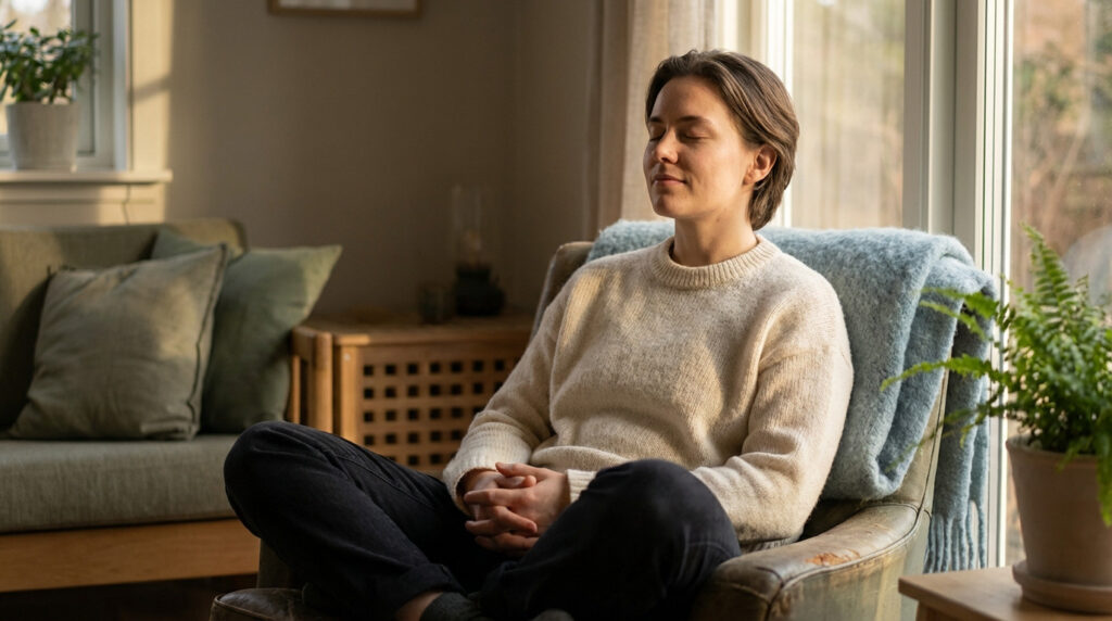 A person with eyes closed and hands clasped, resting calmly in a sunlit room with muted tones and a plant.