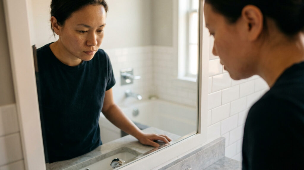 An adult with dark hair, wearing a black t-shirt, looks contemplatively into a bathroom mirror, reflecting on their oral health in soft, warm light.