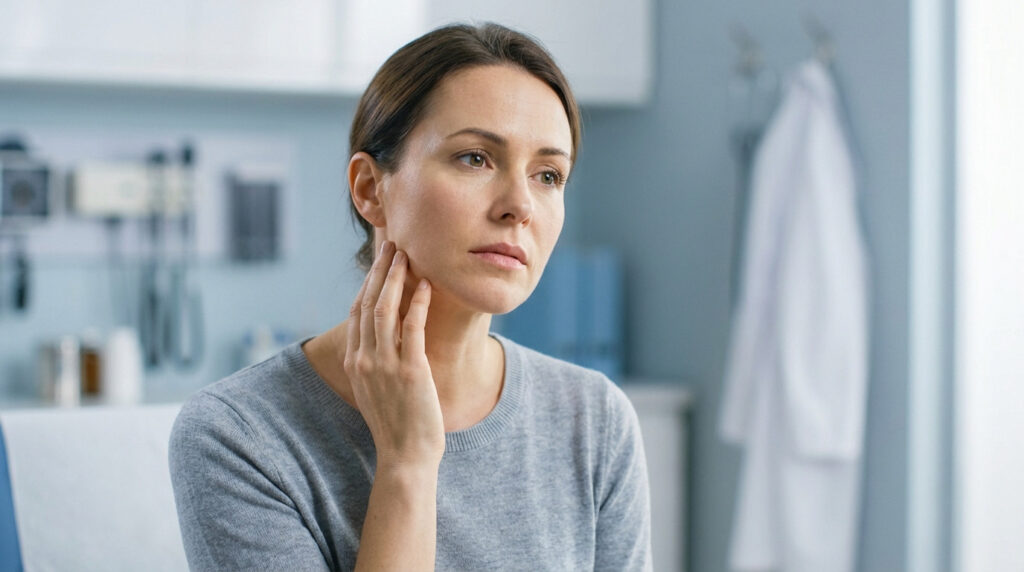 Mid-30s woman with concerned expression in a medical clinic, hand on jawline, considering health advice. Blurred professional background.