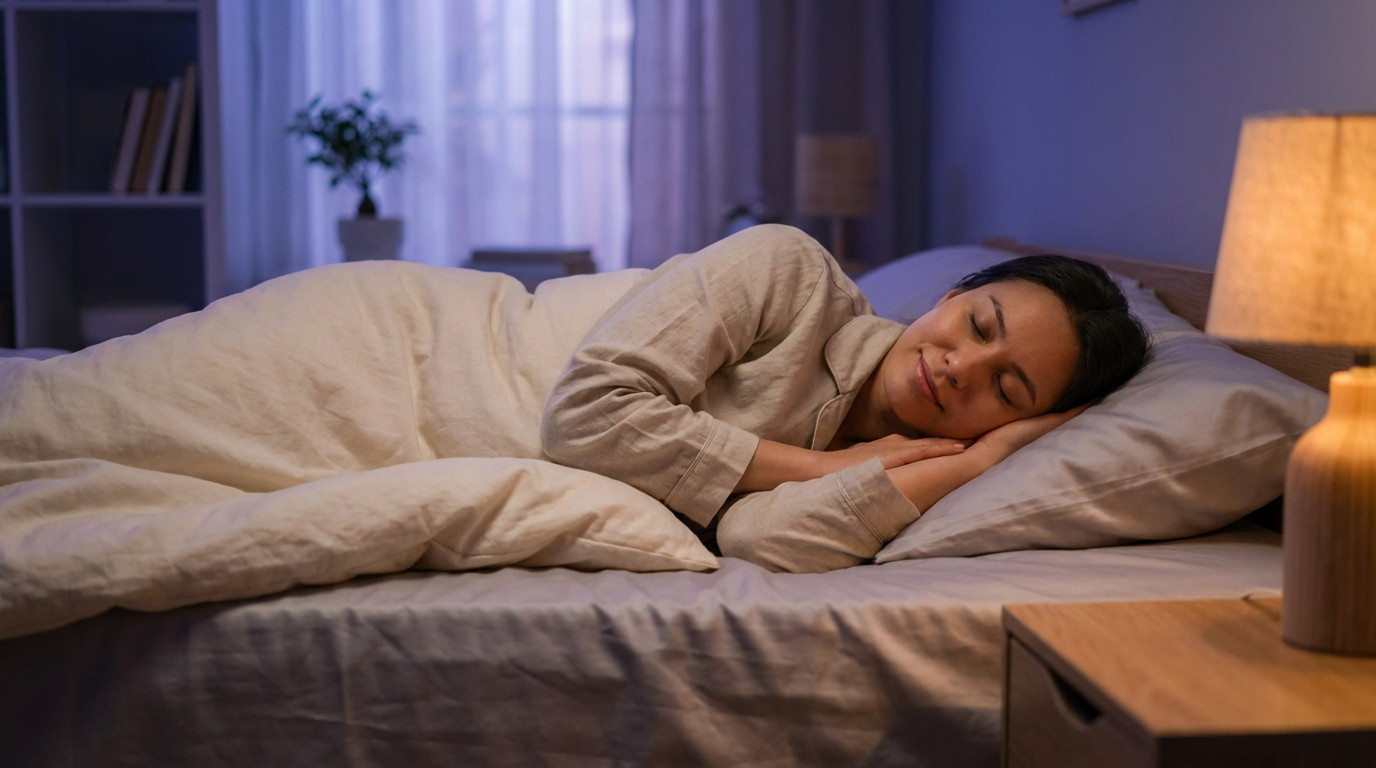 A person lies peacefully in bed, eyes closed, under warm light, embodying deep relaxation for sleep in a tranquil bedroom.
