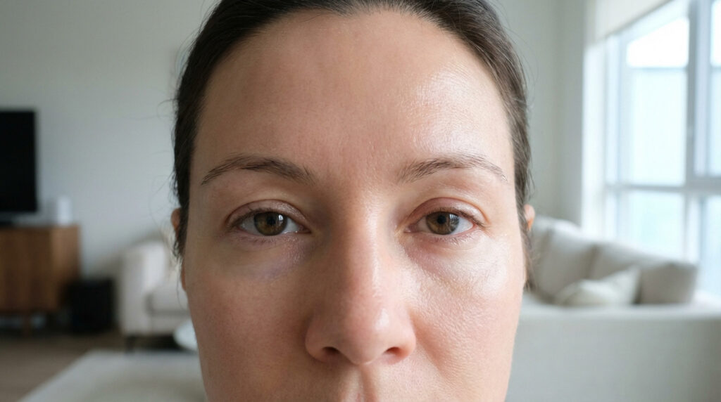Close-up of a woman's upper face, 30s-40s, with brown eyes and visible under-eye shadows, against a blurred modern interior.