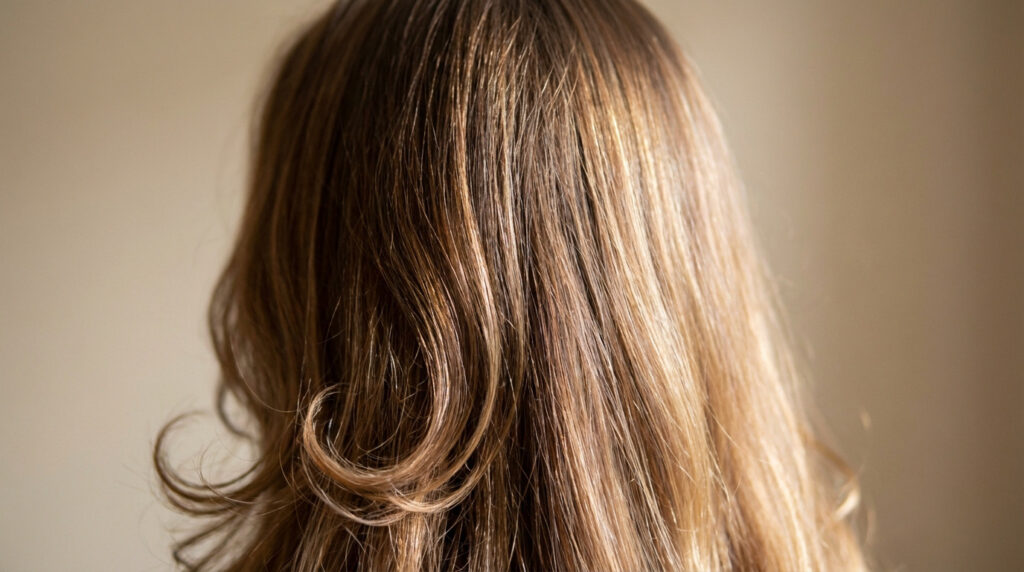 Close-up of lustrous, healthy brown and warm blonde hair, showing natural texture and sheen under soft light with a blurred background.