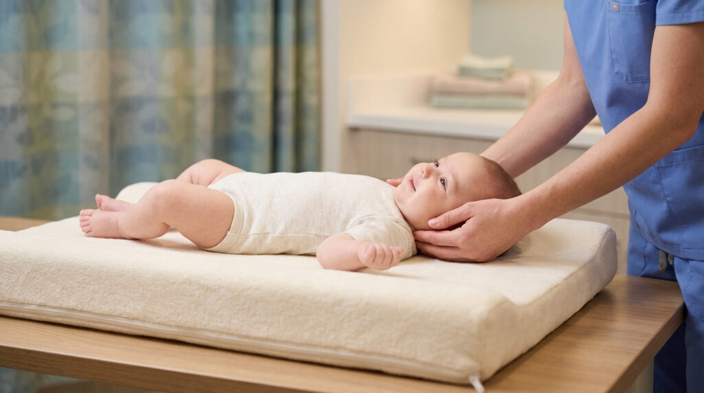 Un bébé souriant, allongé sur un matelas à langer, tandis que les mains d'un adulte en tenue médicale soutiennent délicatement sa tête.