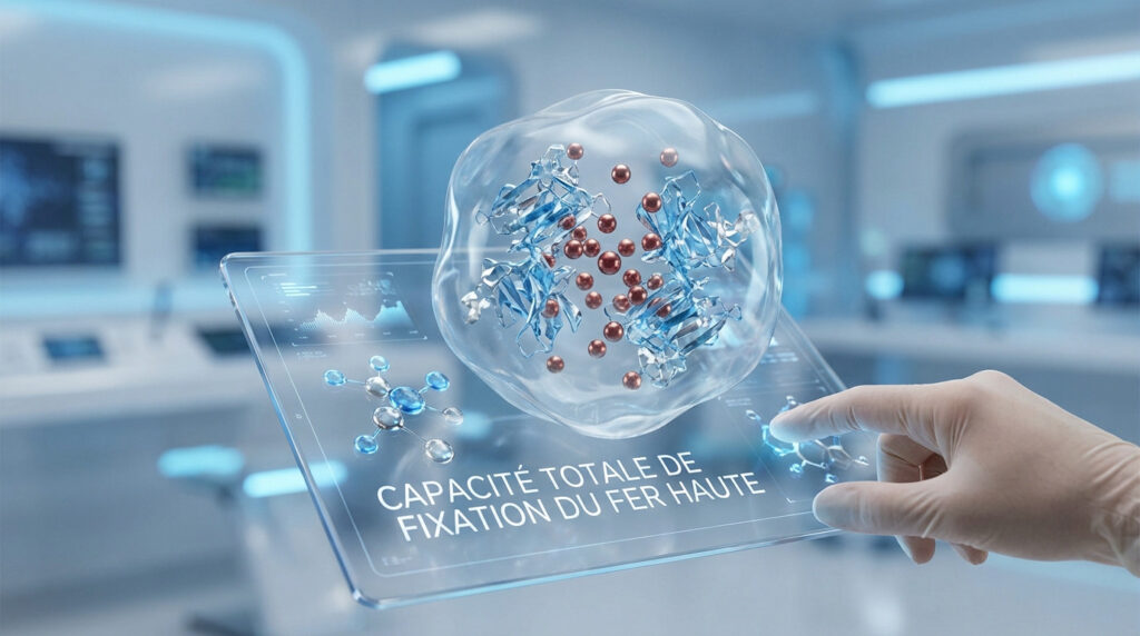 Main interagissant avec tablette transparente affichant la capacité de fixation du fer, avec molécules de fer et protéines dans une sphère lumineuse en labo futuriste.