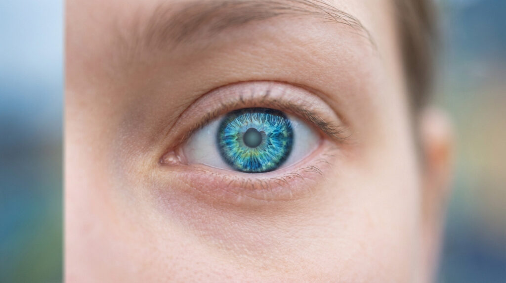 A close-up of a human eye with a vibrant blue-green iris and a subtle ethereal light from the pupil, symbolizing enhanced clarity and technology.