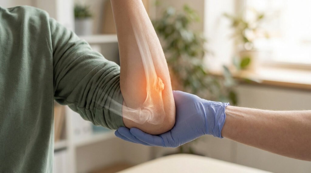 A gloved hand supports an elbow with a translucent X-ray overlay showing a glowing bone spur, symbolizing medical diagnosis and care.