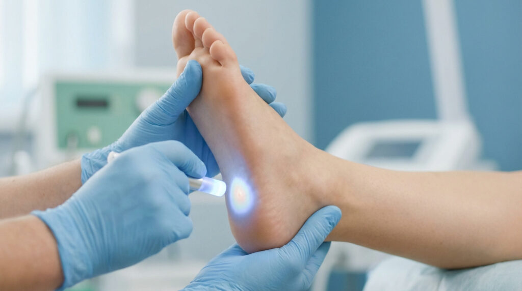 Pied en gros plan traité par un podologue ganté. Un appareil lumineux cible une verrue sur le talon, illuminant la zone.