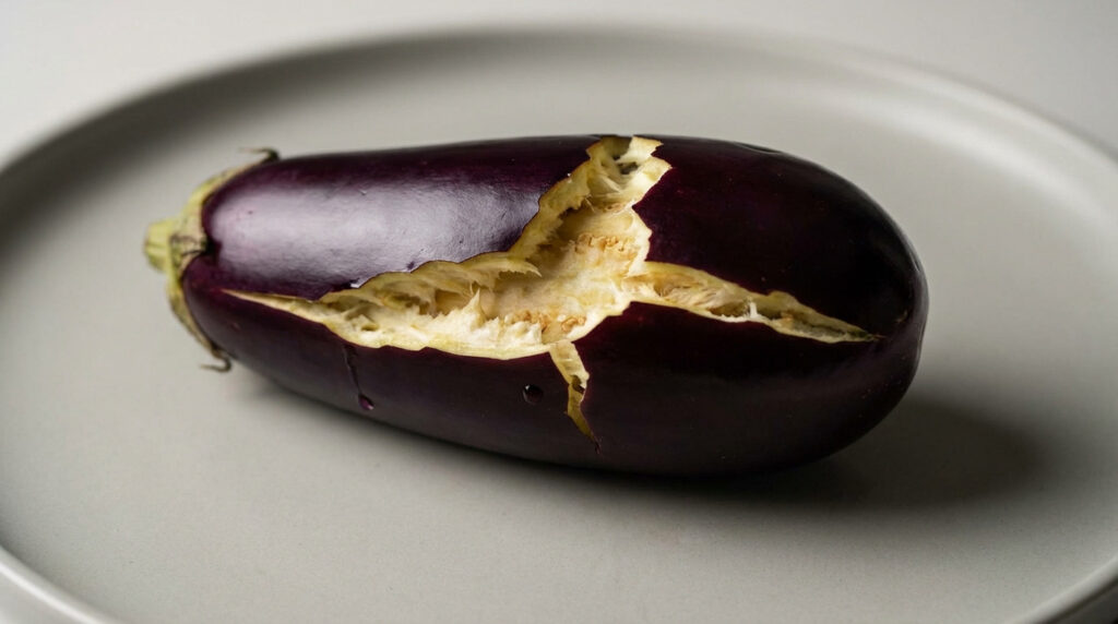 Close-up of a vibrant purple aubergine with a prominent, clean fracture revealing its yellowish-white interior, on a minimalist grey surface.