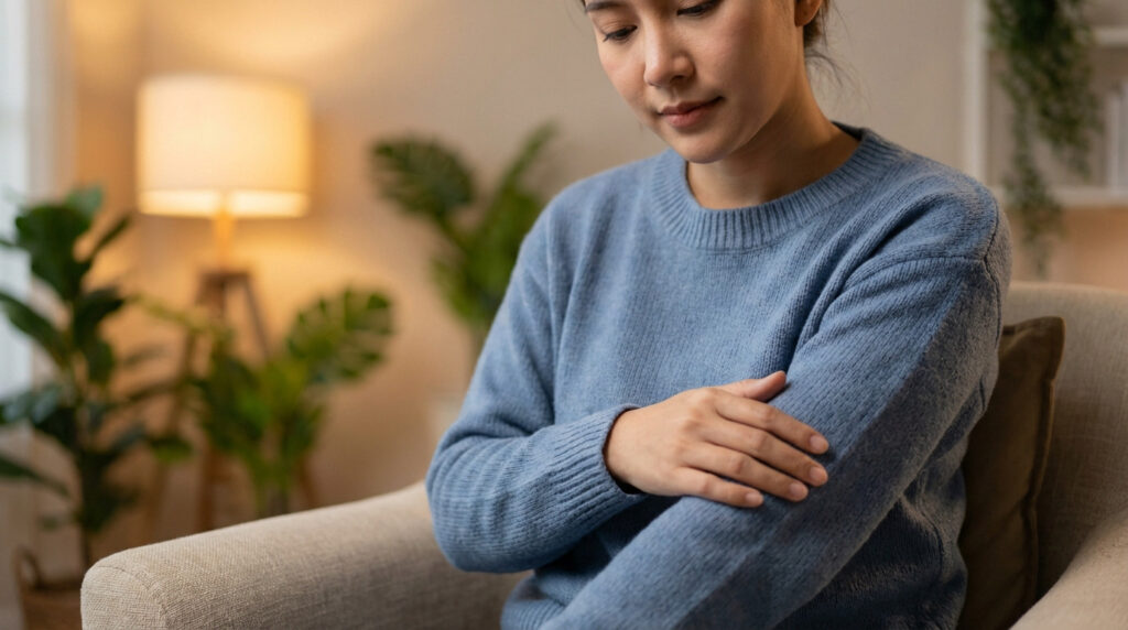 Figure in blue sweater, hand on arm, in a serene, softly lit room with warm blurred background, showing calm introspection.