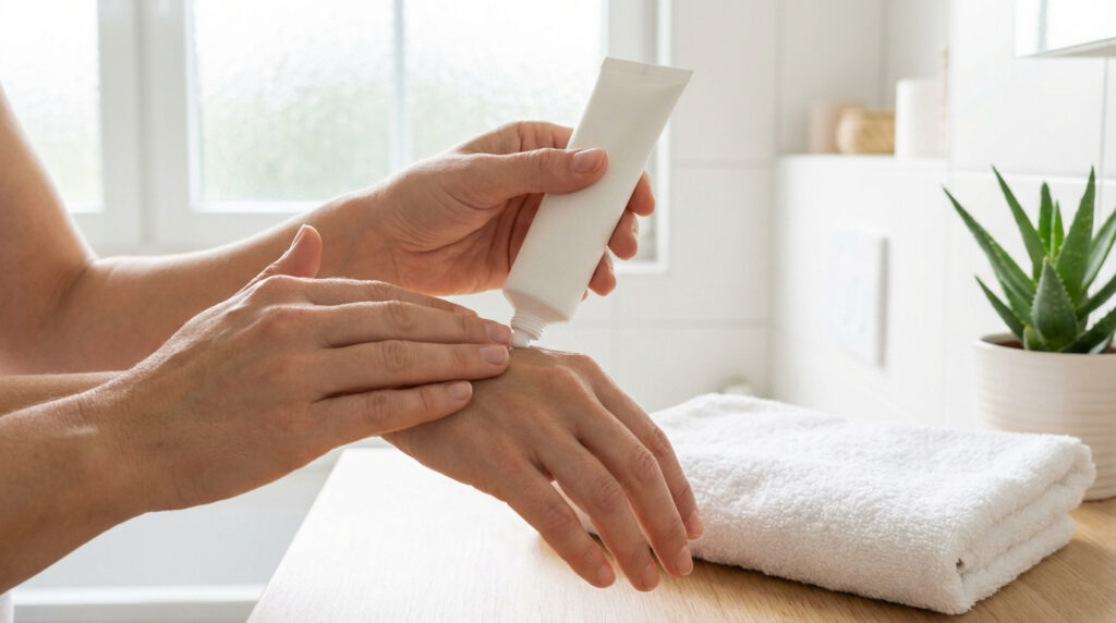 Mains appliquant une crème apaisante d'un tube blanc sur le dos de l'une, avec serviette et aloès en arrière-plan.