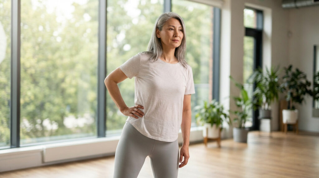 Une femme asiatique d'âge mûr, aux cheveux gris, en tenue de sport claire, pose calmement une main sur sa hanche dans un studio lumineux.