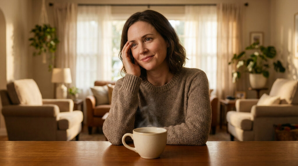 Une femme souriante la main sur la tempe, savourant une tasse de café fumant dans un salon chaleureux et lumineux.