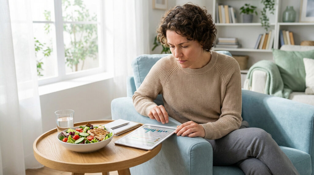 Une femme aux cheveux bouclés consulte une tablette pour son régime, à côté d'une salade de poulet et d'eau sur une table.