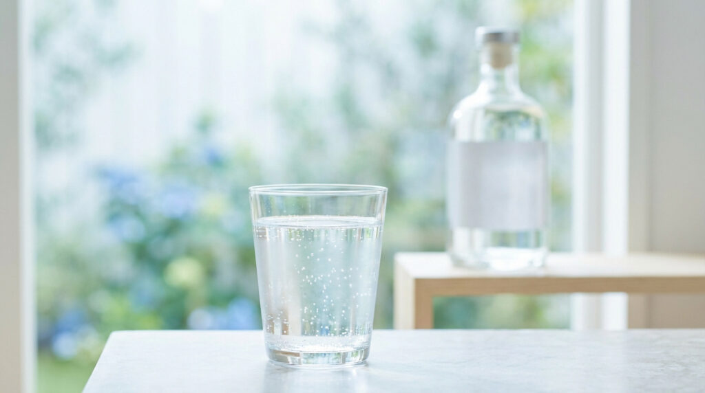 Verre d'eau claire avec bulles et bouteille, suggérant une hydratation saine pour réduire l'acide urique.