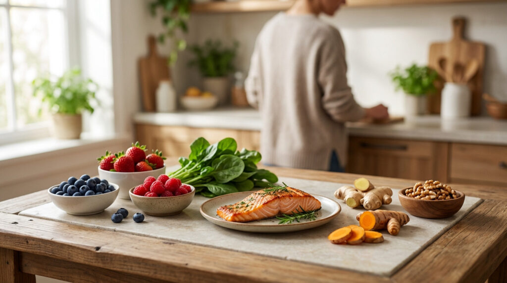 Vibrant anti-inflammatory foods: salmon, blueberries, raspberries, strawberries, spinach, ginger, turmeric, walnuts on a rustic table in a bright kitchen.