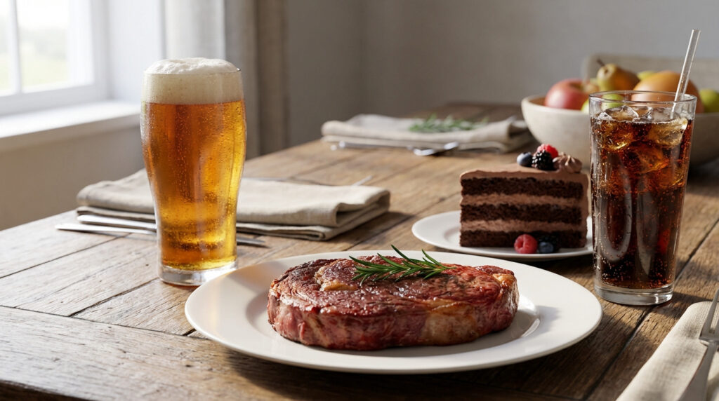 Une table en bois avec un verre de bière, un steak, un gâteau au chocolat et un verre de soda glacé. Tous des aliments déconseillés pour la goutte.