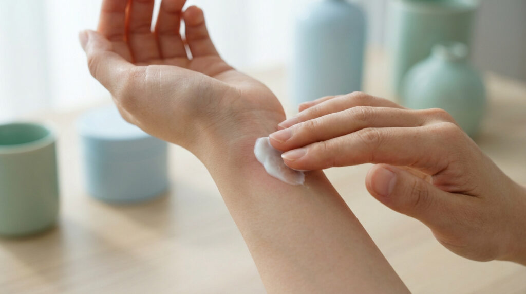 Gros plan sur une main appliquant une crème apaisante sur le poignet. Des flacons de soin aux teintes douces sont flous en arrière-plan.