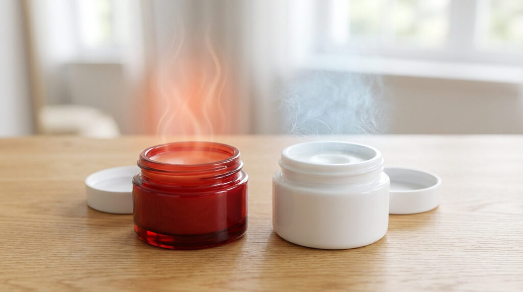 Deux pots de baume tigre ouverts sur une table en bois : le rouge émet de la chaleur, le blanc du froid et du givre.