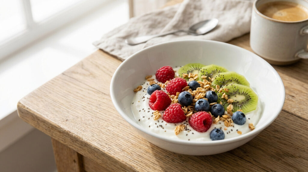 Bol de fromage blanc crémeux garni de kiwis, framboises, myrtilles, granola et graines de chia, posé sur une table en bois.