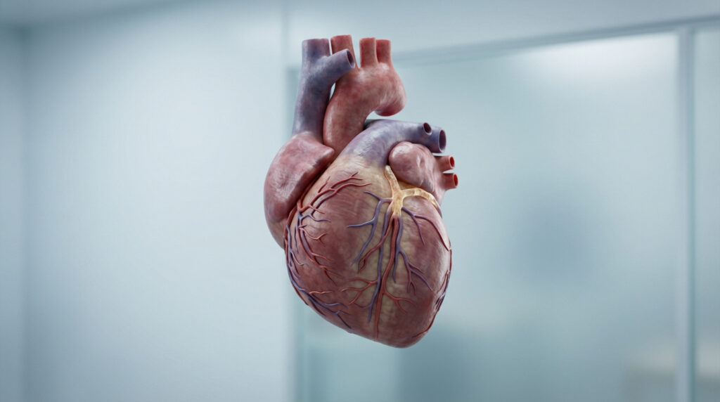 Vue frontale d'un modèle 3D du cœur humain, montrant les artères coronaires rouges et les veines bleues sur un fond médical clair.