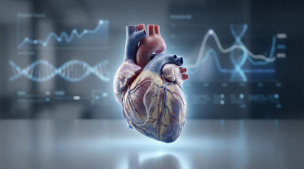 Modèle 3D détaillé d'un cœur humain sur fond scientifique flou (graphiques, ADN), évoquant la recherche sur l'amylose cardiaque.