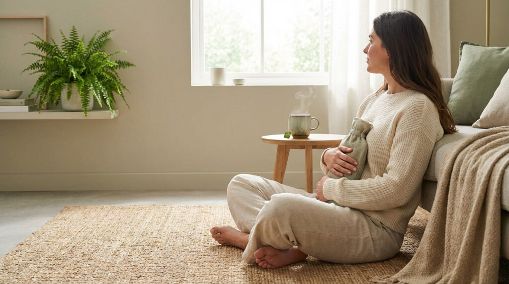 Femme assise au sol, tenant une bouillotte sur son ventre, une tisane fumante à côté. Scène d'apaisement naturel.