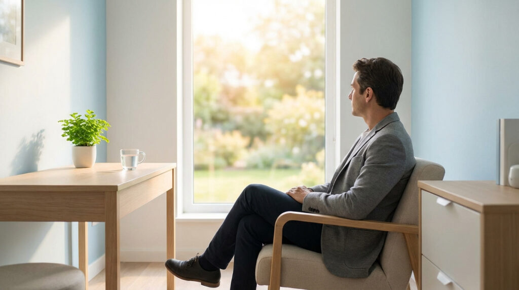 Homme en blazer gris assis, pensif, regardant par une fenêtre ensoleillée. Salle d'attente avec table, plante et verre d'eau.