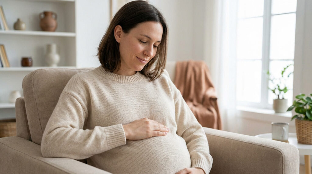 Une femme enceinte, vêtue d'un pull beige, est assise et caresse doucement son ventre rond avec un sourire apaisé. Lumière naturelle.