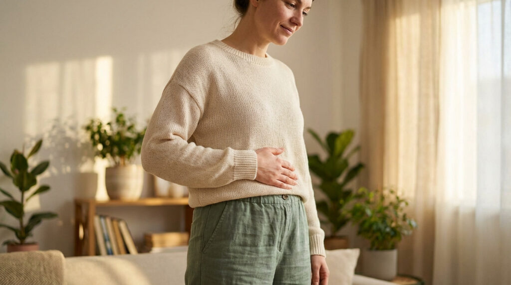 Femme en pull clair, main sur son ventre, dans un salon lumineux. Évoque la douleur de nidation ou les premiers signes de grossesse.