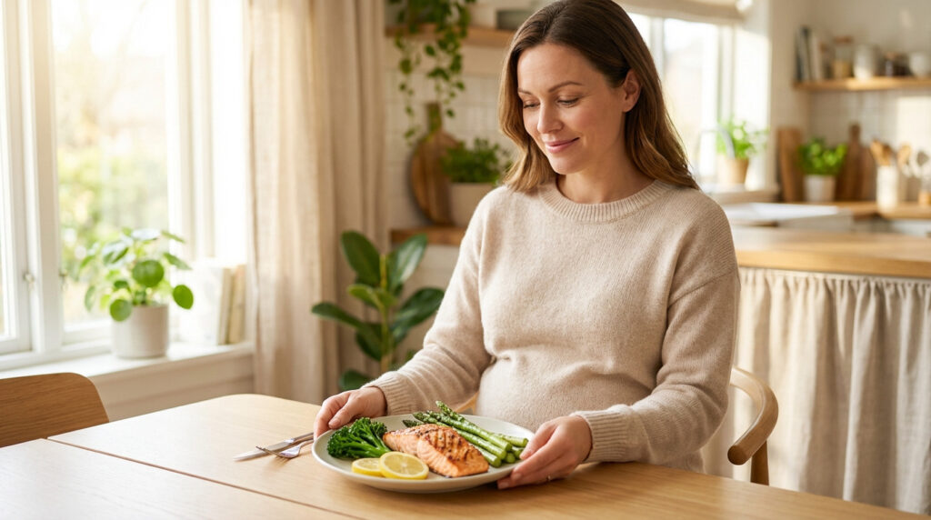 Femme enceinte souriante tenant une assiette de saumon et légumes verts (asperges, brocoli) dans une cuisine lumineuse.