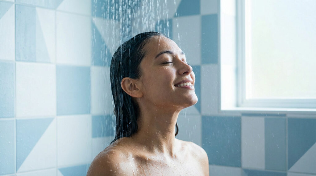 Jeune femme souriante, les yeux clos, profitant d'une douche revigorante. L'eau coule sur ses cheveux et son corps nu devant un mur carrelé bleu.