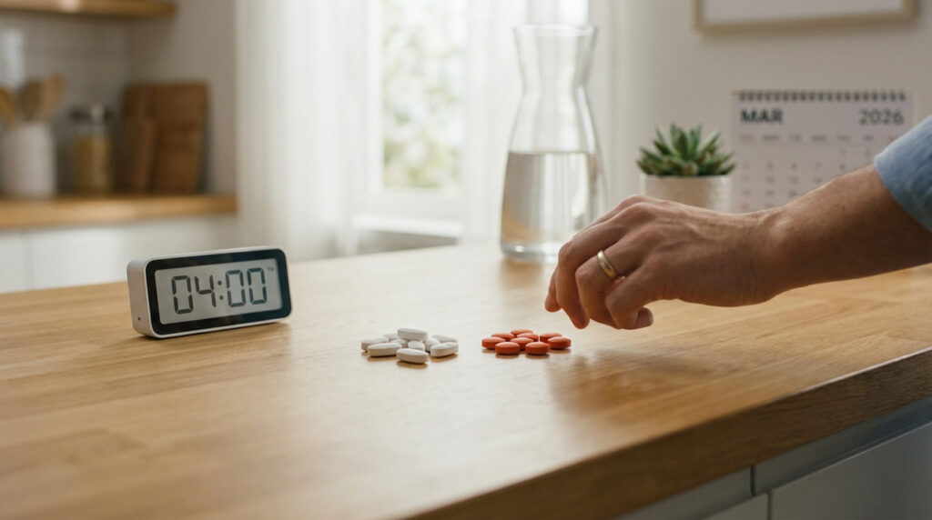 Minuteur affichant "04:00" à côté de pilules blanches et oranges sur un comptoir. Une main approche les médicaments.