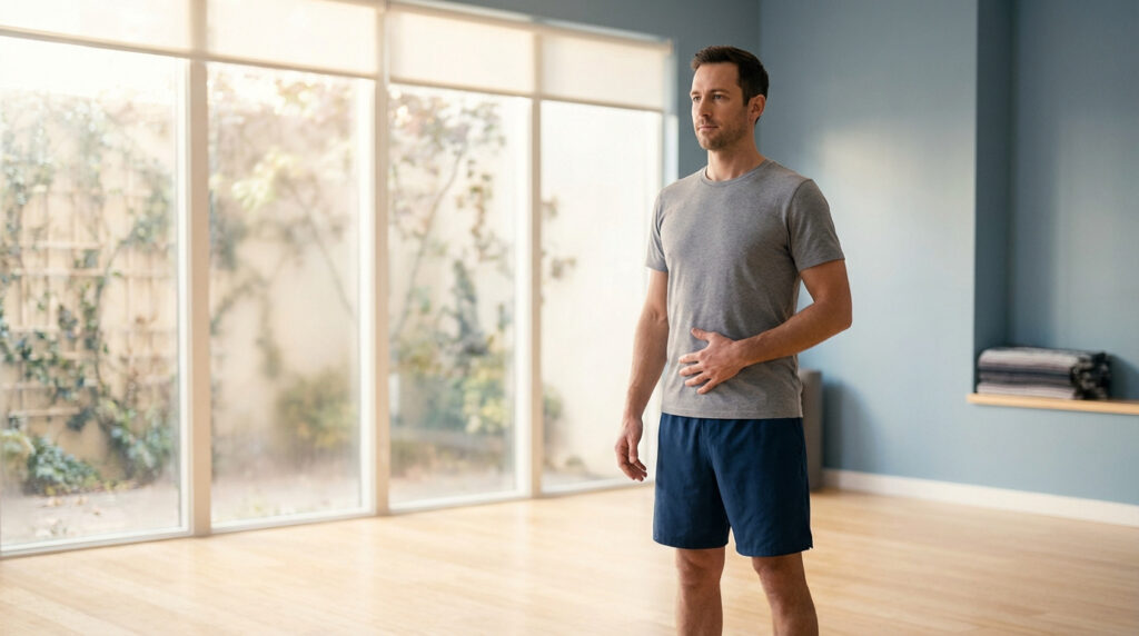Homme en t-shirt gris et short bleu, main sur le ventre, debout dans un studio lumineux pour exercice du périnée.