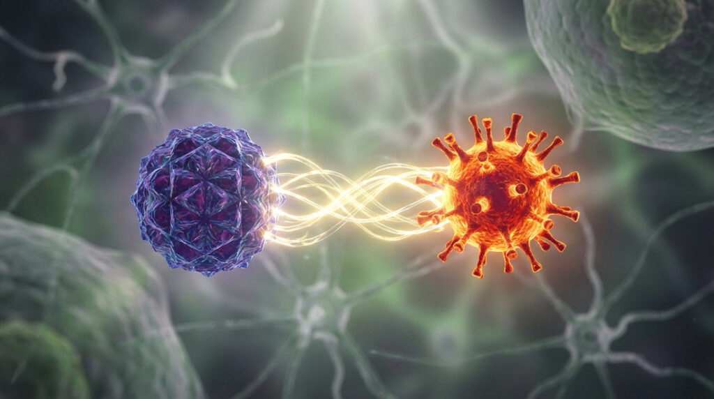 Deux virus, Epstein-Barr (violet) et SARS-CoV-2 (orange), connectés par des fils d'énergie, symbolisant leur lien avec le Covid long.