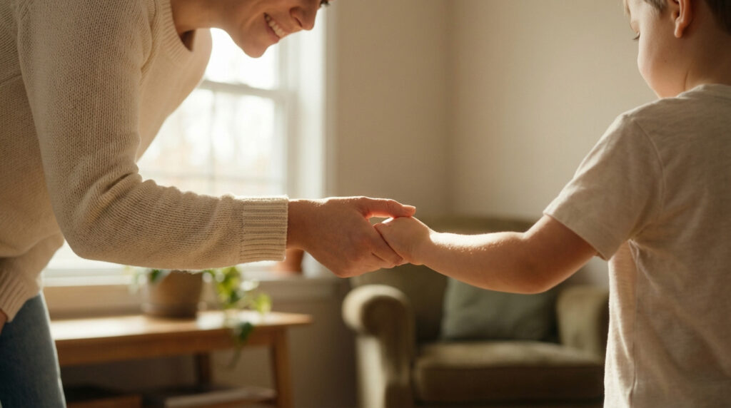 Une adulte souriante tient la main d'un jeune enfant dans une lumière douce. Image symbolisant le lien d'attachement et la sécurité.