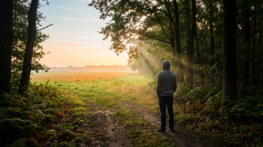 Un homme encapuchonné regarde un champ lumineux au lever du soleil, entouré de forêt. Les rayons du soleil traversent les arbres.