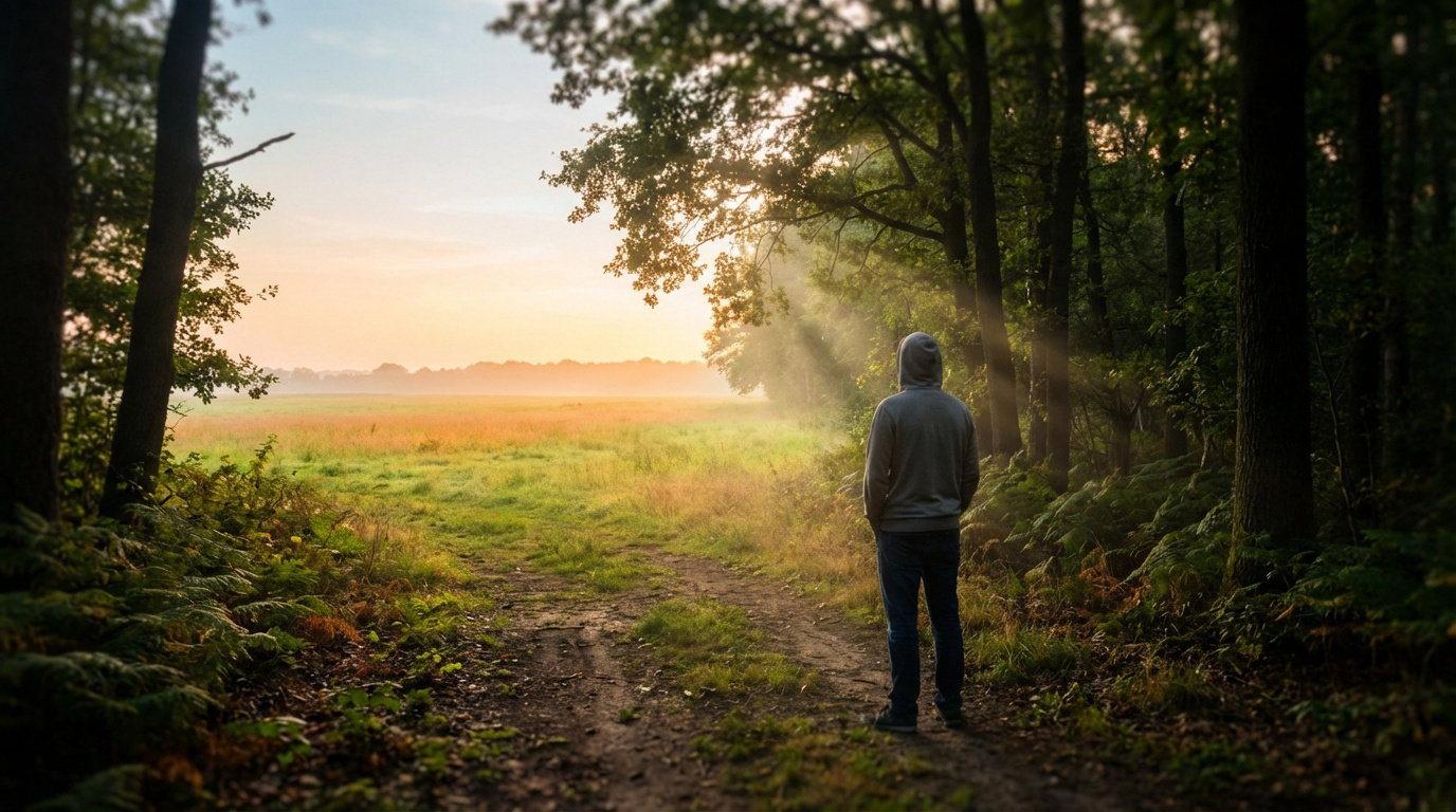 Un homme encapuchonné regarde un champ lumineux au lever du soleil, entouré de forêt. Les rayons du soleil traversent les arbres.