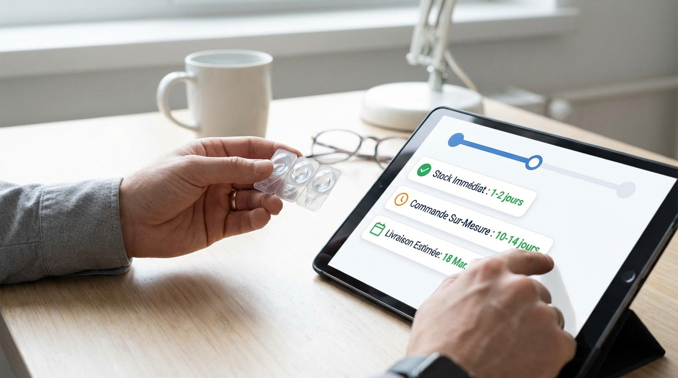 Une personne tenant des lentilles de contact consulte les délais de livraison et de commande sur une tablette.