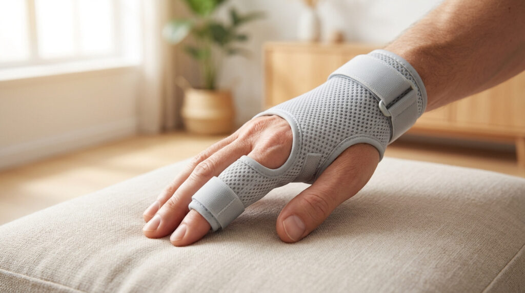 Main droite portant une attelle grise respirante qui immobilise le 4ème doigt et le poignet, reposant sur un coussin clair.