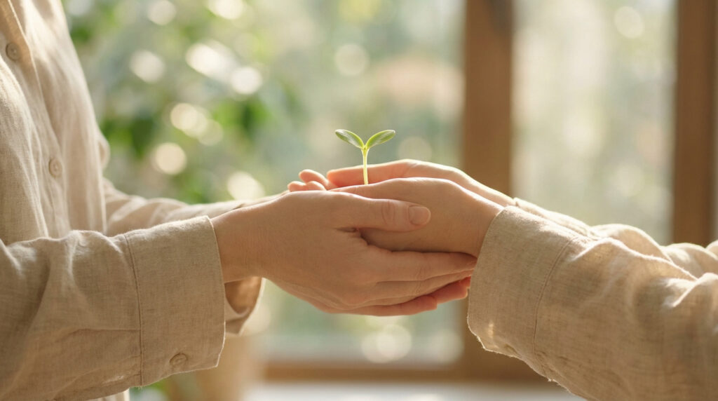 Mains tenant une jeune pousse verte, symbole d'espoir et de nouveau départ après une grossesse extra-utérine.